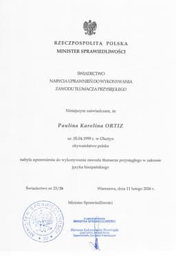 Certificado de obtención de la habilitación para ejercer la profesión de traductor jurado de lengua polaca