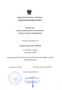 Certificado de obtención de la habilitación para ejercer la profesión de traductor jurado de lengua polaca