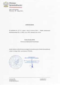 Certificado de inscripción en la lista de traductores jurados – traductor polaco-español